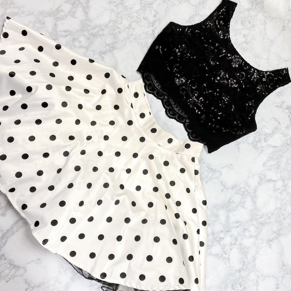 Black and White Polka Dot Sequin Skirt Set